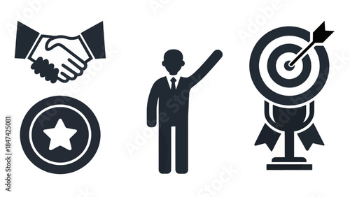 Businessman aiming for success with handshake and star icons