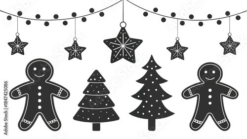 Christmas icons including gingerbread men and trees with ornaments