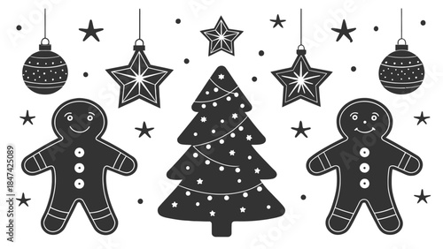 Festive holiday decorations with gingerbread men and Christmas tree