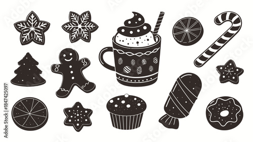 Festive holiday treats and drinks in black and white