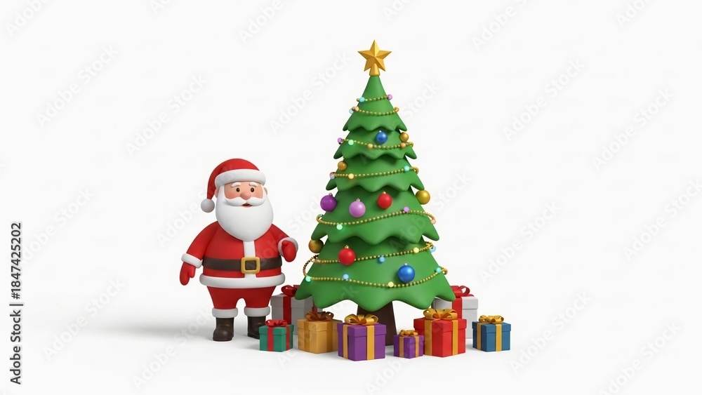 Fototapeta premium Cute 3D Illustration of Santa Claus Standing Beside a Decorated Christmas Tree with Colorful Gift Boxes in a Festive Holiday Scene