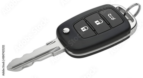 Modern black car key fob with three buttons and metal blade on transparent background
