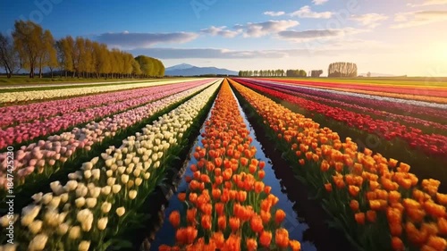 Colorful Tulip Fields in Bloom Under Sunny Sky