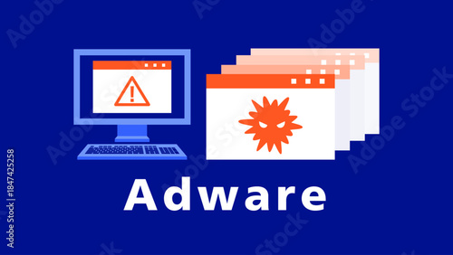 Illustration depicting adware malware generating excessive browser pop-ups on a desktop computer, representing intrusive advertising, system disruption, and user frustration