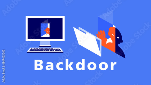 Concept illustration of backdoor malware creating a hidden entry point inside a computer system, enabling attackers to secretly access files and maintain persistent control