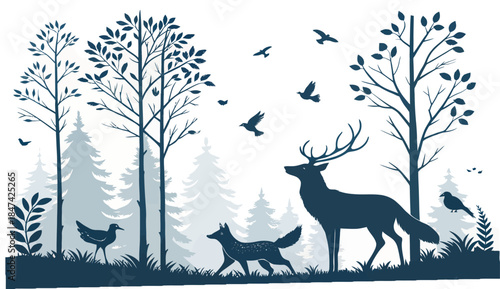 Serene forest scene with deer, fox, and birds in harmony