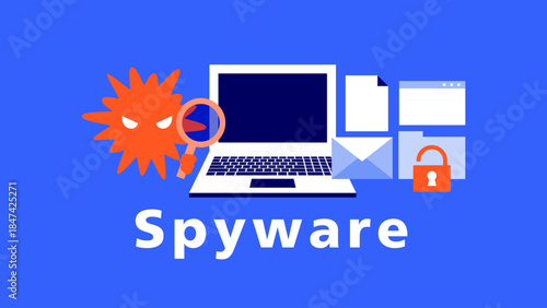 Concept illustration of spyware malware secretly observing emails, web browsing, and document data on a laptop, symbolizing information surveillance and privacy invasion risks