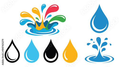 A dynamic set of colorful water splash and water drop icons with a ripple effect