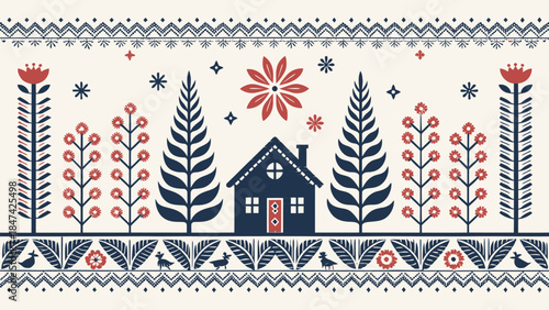 Cozy little house with flowers and trees in a folk art style