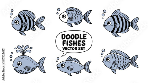 A playful collection of cartoon doodle fishes and a happy whale with speech bubble on white