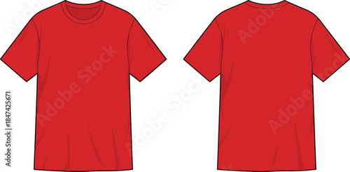 Flat vector illustration, red t-shirt front view, back view apparel design, fashion garment template, clothing mockup, short sleeve shirt