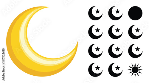 A prominent yellow moon paired with several dark silhouettes of stars and suns