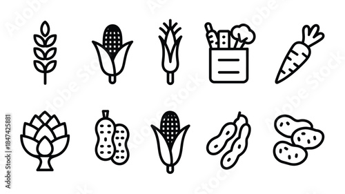 A set of ten simple black outline icons representing various common vegetables and grains from produce markets