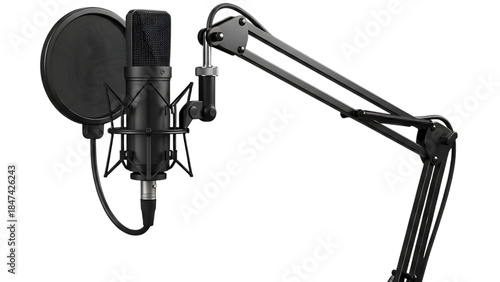 Condenser Microphone on Stand with Pop Shield, Isolated on Transparent Background