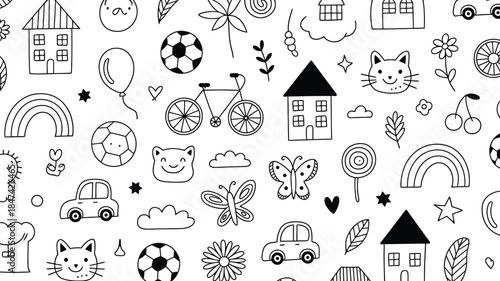 A vibrant seamless pattern featuring hand drawn doodles of houses, cars, cats, flowers, and playful objects