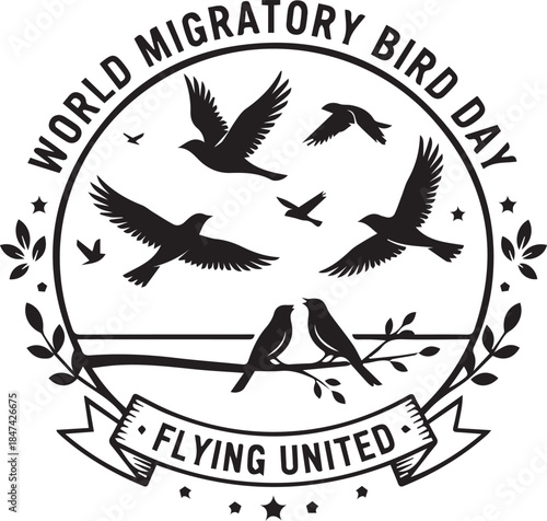 Black and white vector illustration of birds with branch and emblem for World Migratory Bird Day