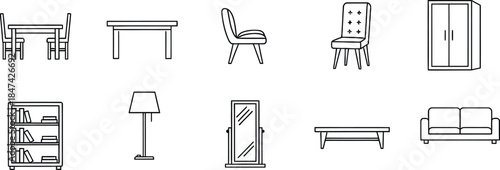 Line drawings of various furniture pieces and household items