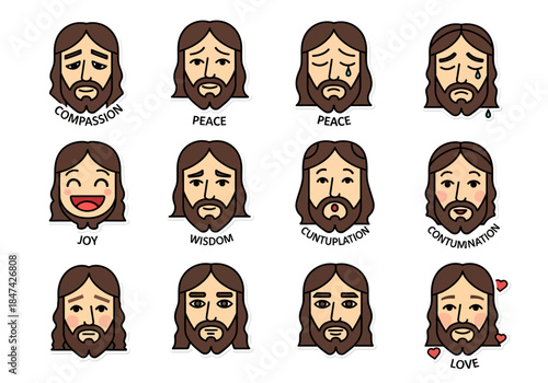 Icons of Jesus Christ Expressing Various Emotions Compassion, Peace, Love, Joy