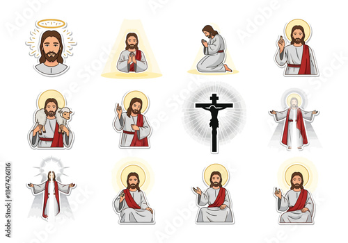 Illustrations of Jesus Christ with Halo in Various Poses and Crucifix
