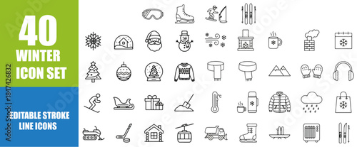 Winter Icon Set – Editable Line Icons Collection Featuring Snow, Snowflake, Cold Weather, Skiing, Christmas Symbols, Santa Claus, Icicle, Snowman, Sleigh, Winter Sweater, Ice Skates, Snowboard and Sea
