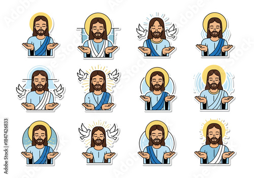 Holy Icons of Jesus Christ with Dove Illustrations for Religion and Spirituality