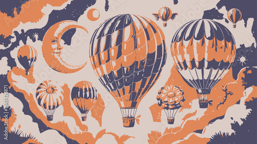 A whimsical illustration of several hot air balloons, a crescent moon, and stars floating among clouds