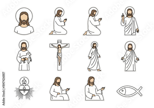 Jesus Christ Line Art Icons Religious Christian Illustrations