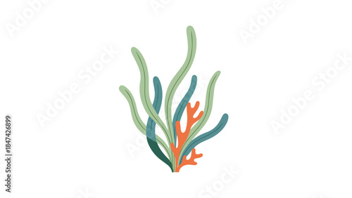 Vibrant marine flora illustration with green and blue seaweed alongside distinctive orange coral. An artistic representation of underwater ecosystem