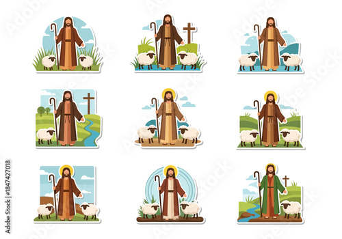 Jesus Christ the Good Shepherd Vector Illustration Set