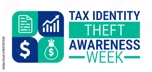 Tax Identity Theft Awareness Week background, banner, card or poster design template is observed every year during January, to raise awareness about the mission. Vector illustration.