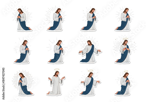 Set of illustrations depicting Jesus Christ in various poses of prayer and faith