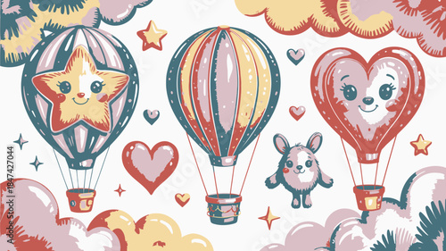 Adorable hot air balloons shaped like a star, heart, and cute animal character float among pastel clouds