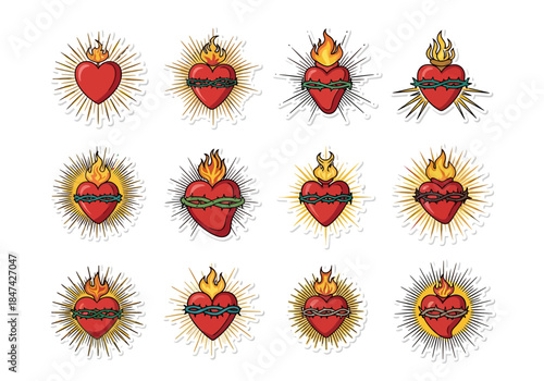 Heart with Thorns and Flames Sacred Love Vector Icons