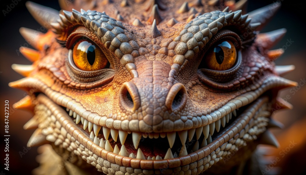 Fototapeta premium Extreme close-up of a fantasy dragon face with sharp teeth, intense eyes, and detailed realistic skin texture.