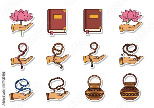 Sacred Objects Icons Set Hands Holding Books, Rosaries, Lotuses, and Pots
