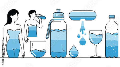 An icon set showing water hydration levels in a human body bottles and a tap