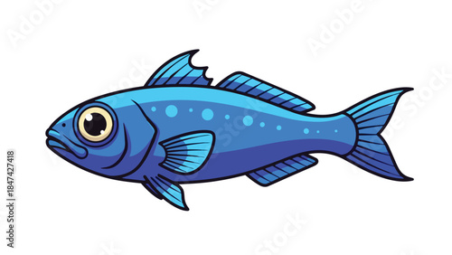 Vibrant blue cartoon fish illustration with captivating expressive eyes and unique body speckles, perfect for engaging marine-themed projects,