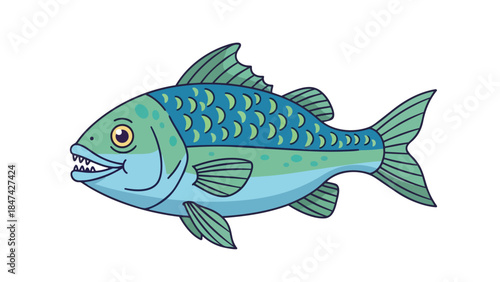 A vibrant illustration of an aquatic creature featuring striking blue and green scales on a white backdrop