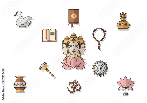 Hinduism Icon Set Brahma, Lotus, Om, Book and More