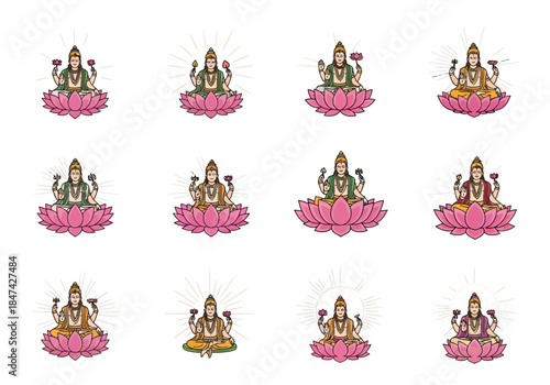 Lakshmi goddesses seated on lotus flowers in various colors, depicting prosperity and abundance