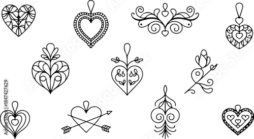 Collection of hand-drawn ornate heart pendants and decorative elements
