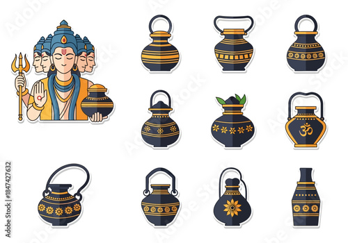 Hindu Deity and Decorative Pots Illustration