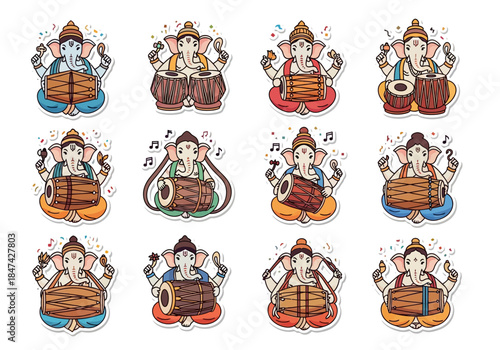 Festive Ganesha playing musical instruments sticker sheet
