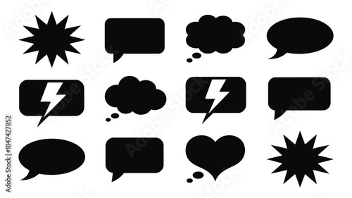 Assortment of black speech and thought bubbles featuring various styles including lightning bolts