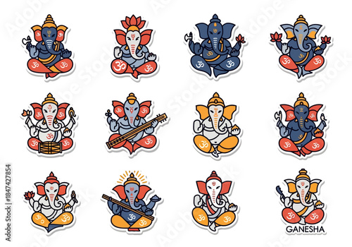Collection of Whimsical Ganesh Illustrations in Various Poses