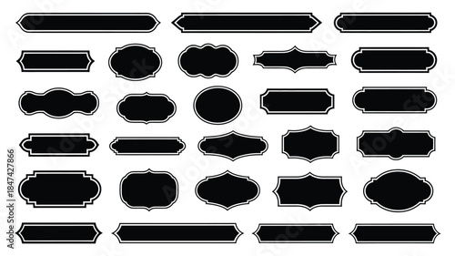 Assortment of black frames and labels with stylish white borders on a crisp white background surface