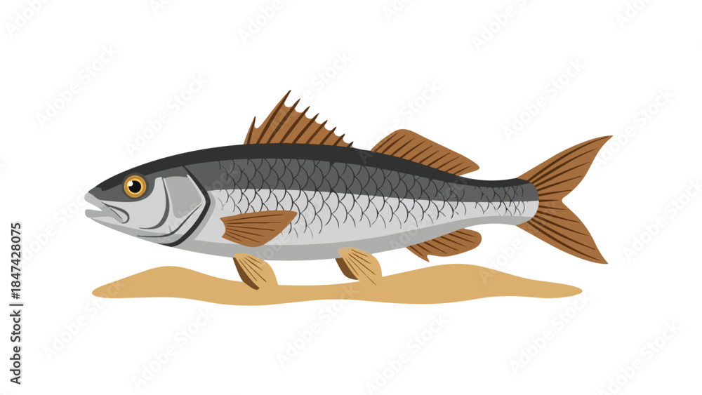 Obraz premium Stylized graphic illustration of a freshwater fish with distinct scales and prominent fins resting on a sandy riverbed conveying aquatic life