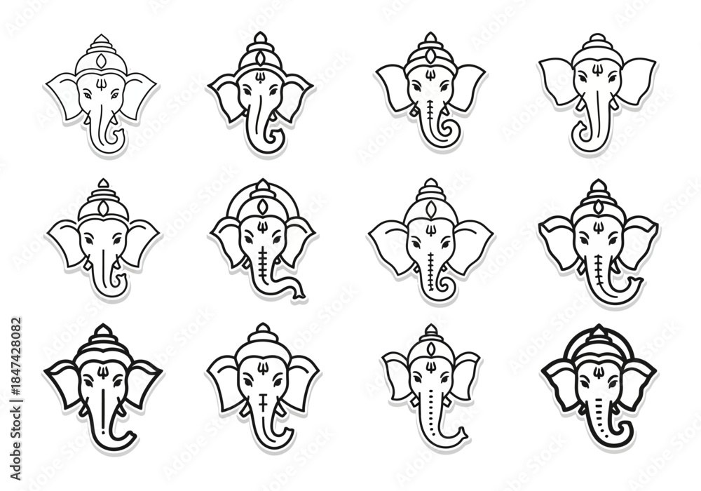 Fototapeta premium Collection of Ganesha Face Outlines Deities, Traditions and Cultural Iconography