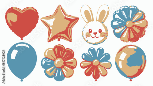 Assortment of celebratory balloons shaped like a heart, star, bunny, flower, and a globe