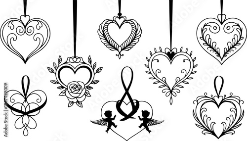 Collection of intricate heart-shaped pendants with filigree and floral elements
